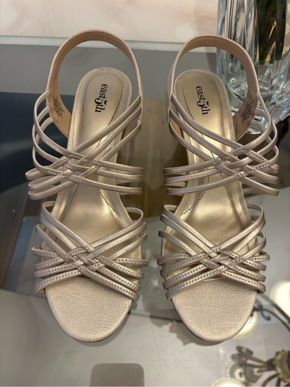 East 5th Women's Beige Synthetic Strappy Open Toe Block Heel Slip-On 8.5